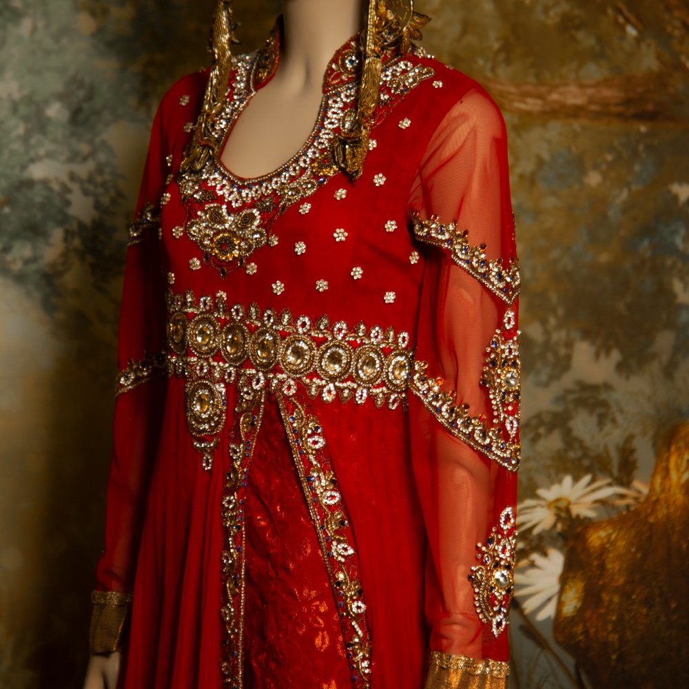 Hindi Indian south Asian wedding  fantasy red gold  dress encrusted with jewels - Picture 4 of 16